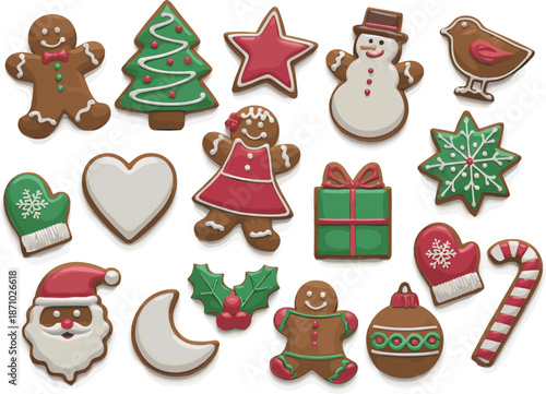 Christmas gingerbread cookies illustration set, festive holiday biscuits icons, cute winter sweets collection, isolated flat vector design, for seasonal branding