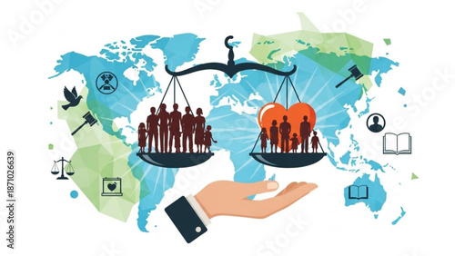 Balancing act of justice and love on a world map with scales and people silhouettes representing equality and compassion globally with balance