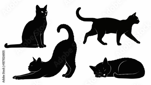 Four Black Cat Silhouettes in Different Poses.