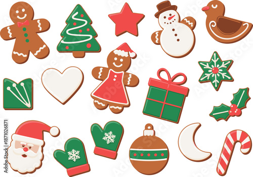 Christmas gingerbread cookies illustration set, festive holiday biscuits icons, cute winter sweets collection, isolated flat vector design, for seasonal branding