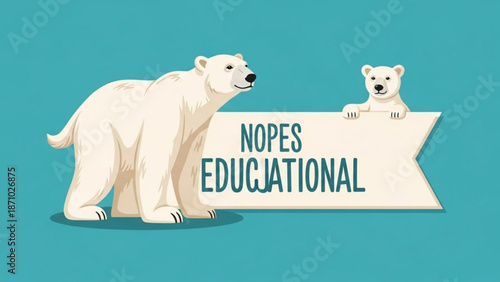 Two polar bears standing with educational sign on blue background with cartoon and illustration and graphic and funny and humor and whimsical