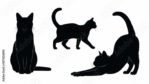 Three Black Cat Silhouettes in Different Poses.