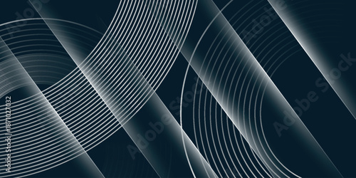 Dark blue abstract background with glowing white circular lines decoration. Circular lines pattern with white shadow effect for cover, banner, brochure, and website. EPS. 3