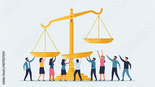 A group of people working together to balance a large scale with teamwork and cooperation and equality and fairness and justice and yellow and balancing