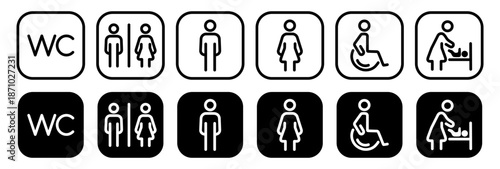 Toilet line icon set with symbols for man, woman, mother with baby and disabled person in wheelchair. Outline vector illustration for restroom signs, WC labels, public facilities design.