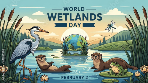 World wetlands day illustration with heron otters frog and dragonfly in natural wetland habitat with earth globe with conservation and ecosystem