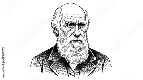Detailed black and white illustration of charles darwin with a beard and coat looking forward with portrait and historical figure and scientist