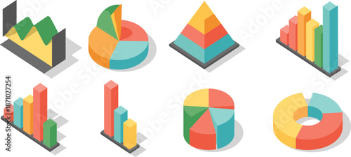 Colorful isometric 3D data visualization charts set, business analytics infographic elements, statistics graphs, financial report icons, modern design