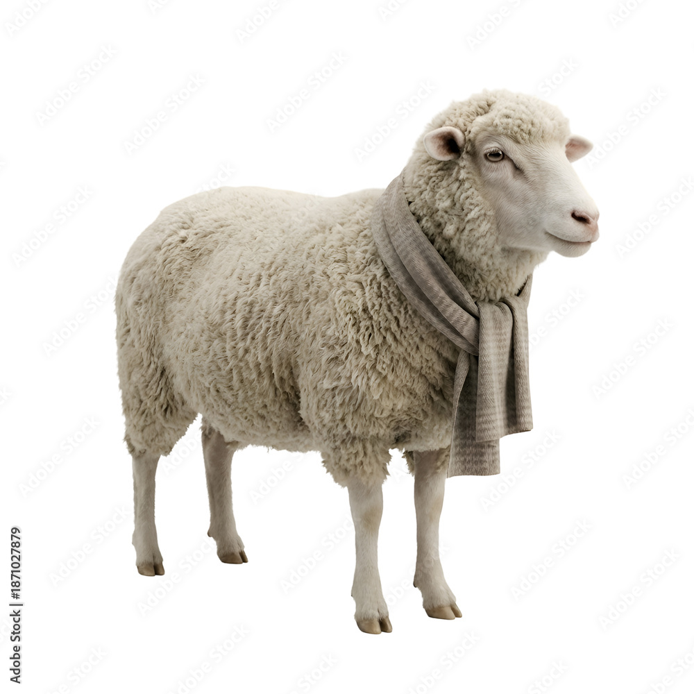 Obraz premium Charming White Sheep with a Soft Woolen Fleece Wearing a Cozy Grey Scarf, Standing Calmly Against an Isolated Black Background