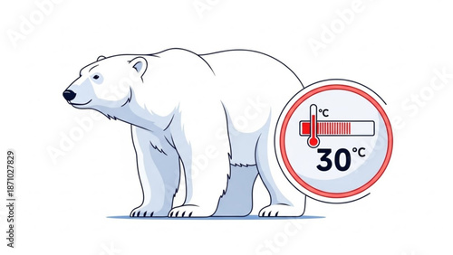 A polar bear standing next to a thermometer showing thirty degrees celsius on a white background representing global warming and climate change