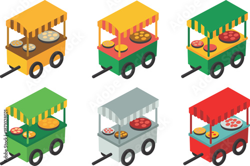Colorful street food carts, vector illustration, mobile vendor stands, urban market selling snacks, isometric design, isolated graphic set collection icons
