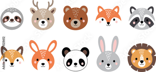 Cute cartoon animal faces set, kawaii forest animals icons, bear fox rabbit panda raccoon deer lion sloth illustration vector children