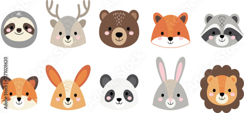 Cute cartoon animal faces set, kawaii forest animals icons, bear fox rabbit panda raccoon deer lion sloth illustration vector children