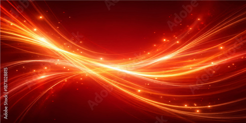 Abstract red background with stars featuring a glowing blue wave design and futuristic energy lines in a bright motion art illustration