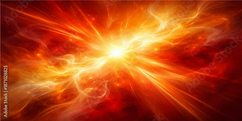 A vibrant art illustration of a fiery explosion background featuring glowing orange flames and red heat rays radiating like a shining star's energy in the deep cosmos