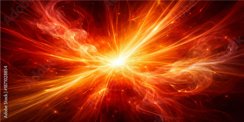 Fiery explosion background featuring an abstract blast of energy with glowing red flames and orange sun rays shining through a bright star-like fractal motion design