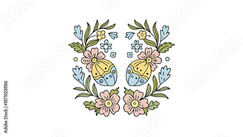 Vibrant Easter eggs surrounded by colorful flowers and leaves