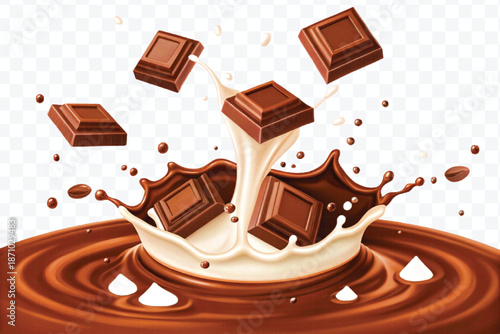 chocolate pieces falling on chocolate sauce and milk cream splash isolated on transparent background