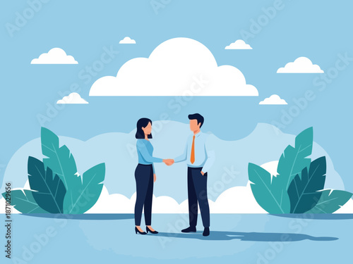 Business partners shaking hands in a cloudy sky with plants