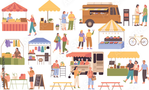 Farmers market flat illustration with local vendors, food trucks, shoppers, street stalls, community market scene, colorful outdoor trading concept lifestyle