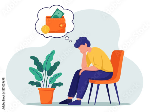 Sad young man sitting on chair thinking about money