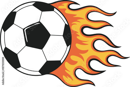 Flaming soccer ball illustration, fire football icon, dynamic sports logo, blazing speed concept, isolated vector graphic on white background design
