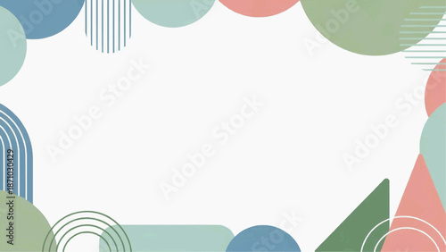 Geometric shapes create a colorful abstract composition on a white background