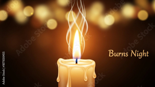 A warm lit candle with melting wax and a bright flame on burns night with cozy and evening and celebration