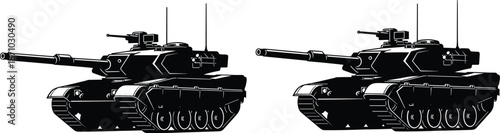 Black and white vector illustration of two modern main battle tanks side by side isolated on white background for military design
