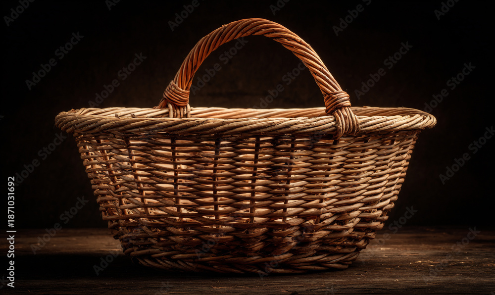 Obraz premium A wicker basket with a handle sits on a wooden surface