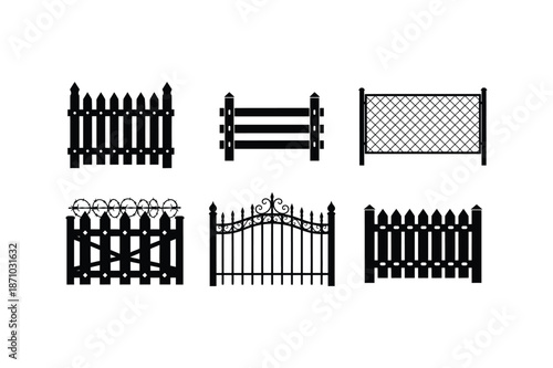 Silhouette of various fence designs and gates in black on a white background silhouette