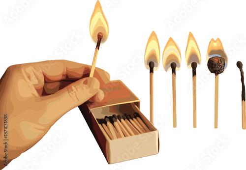 Hand lighting matchstick, burning matches sequence, fire safety concept, ignition and burnout stages, wooden matchbox, isolated creative studio background image