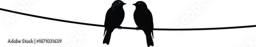 Silhouette of two birds perched closely on curved wire, symbolizing love, connection, simplicity, and peaceful companionship in nature