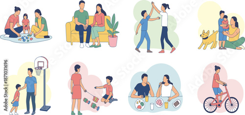 Happy family activities illustration set, parents and children playing learning together, daily life moments, parenting concept, flat vector design