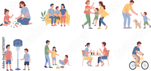 Happy family activities illustration set, parents and children playing learning together, daily life moments, parenting concept, flat vector design