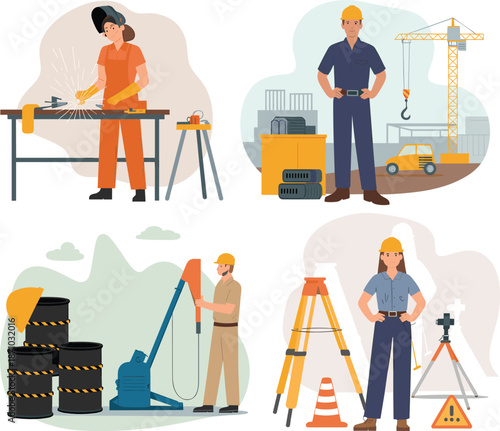 Industrial workers illustration, construction and manufacturing professionals, welding drilling surveying jobs, safety equipment