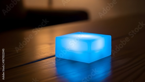 Lampu kotak biru menyala diatas meja 