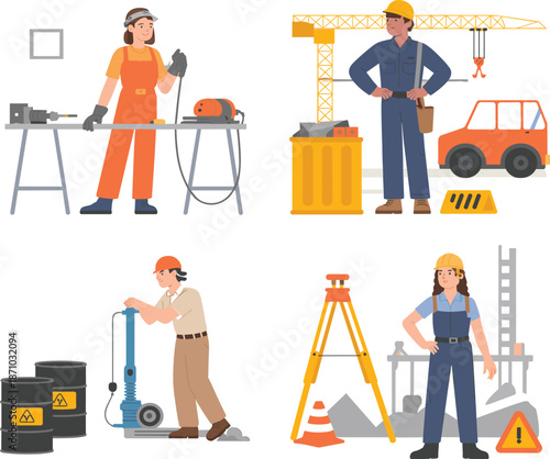 Industrial workers illustration, construction and manufacturing professionals, welding drilling surveying jobs, safety equipment