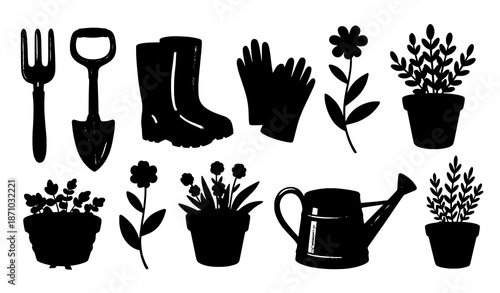 Cute watercolor garden tools and plants vector set for planners and prints