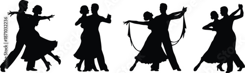 Silhouettes of four dancing couples in elegant ballroom poses, showcasing movement, romance, coordination, and graceful interaction in black style
