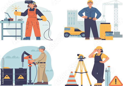 Industrial workers illustration, construction and manufacturing professionals, welding drilling surveying jobs, safety equipment