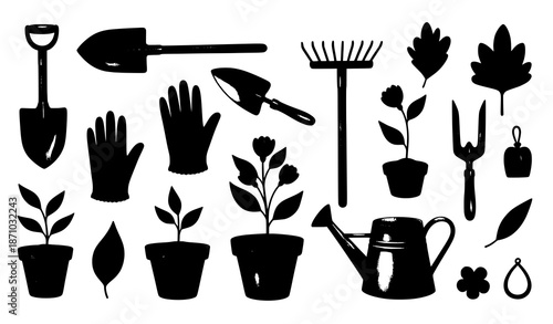 Watercolor garden tools and plant vector set isolated on white background