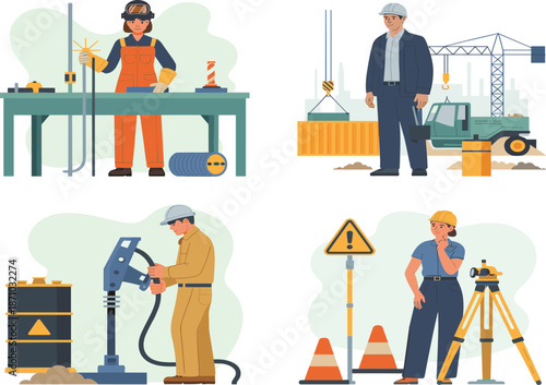 Industrial workers illustration, construction and manufacturing professionals, welding drilling surveying jobs, safety equipment