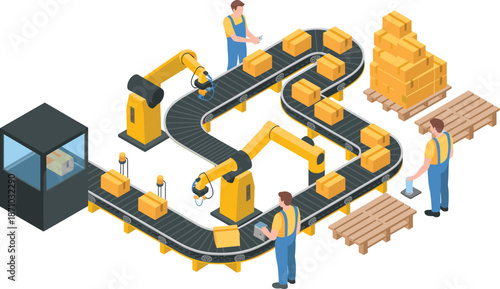 Isometric automated factory illustration with robotic arms, conveyor belt system, warehouse workers, packaging process, industrial manufacturing, logistics, smart production line