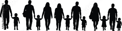 Silhouettes of multiple families walking hand in hand, symbolizing unity, love, parenting, and togetherness across generations in minimalist style