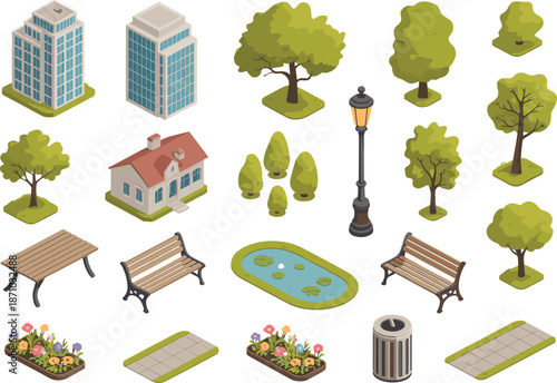 Isometric city park illustration, urban buildings and trees, benches, street lamps, pond, flower beds, landscape elements, design resources for architects
