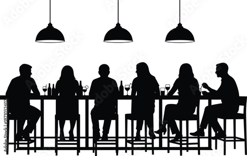 Silhouettes of people sitting at bar counter with drinks, capturing nightlife, social interaction, and relaxed ambiance in minimalist style