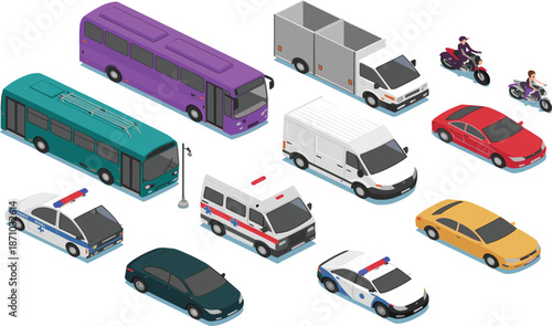 Isometric city traffic vehicles illustration, cars buses ambulance police taxi motorcycle van transport set, urban road transportation concept, design, background