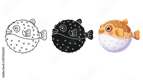 Set of three cute pufferfish illustrations outline, silhouette and colored cartoon style