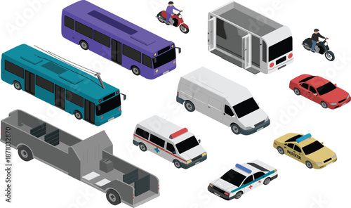 Isometric city traffic vehicles illustration, cars buses ambulance police taxi motorcycle van transport set, urban road transportation concept, design, background